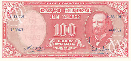 Chile - Pick 127a - 10 Centesimos de Escudo on 100 Pesos