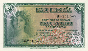 Spain - Pick 85 - 5 Pesetas - 1935 rok